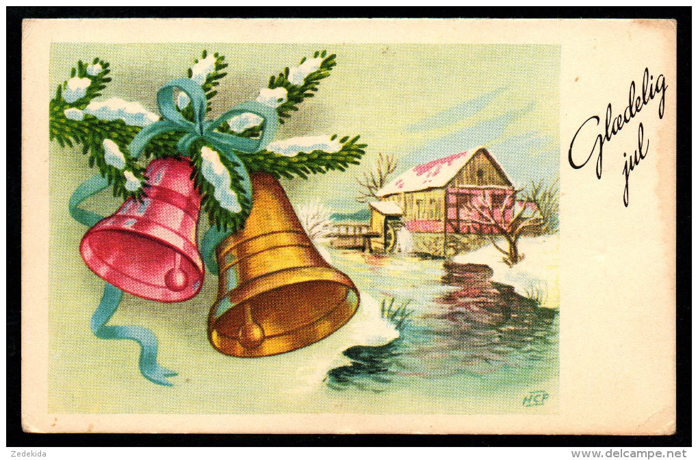 6987 - Alte Glückwunschkarte - Weihnachten Glocken Tannenzweig - HCP - Gel 1956 - Altri & Non Classificati