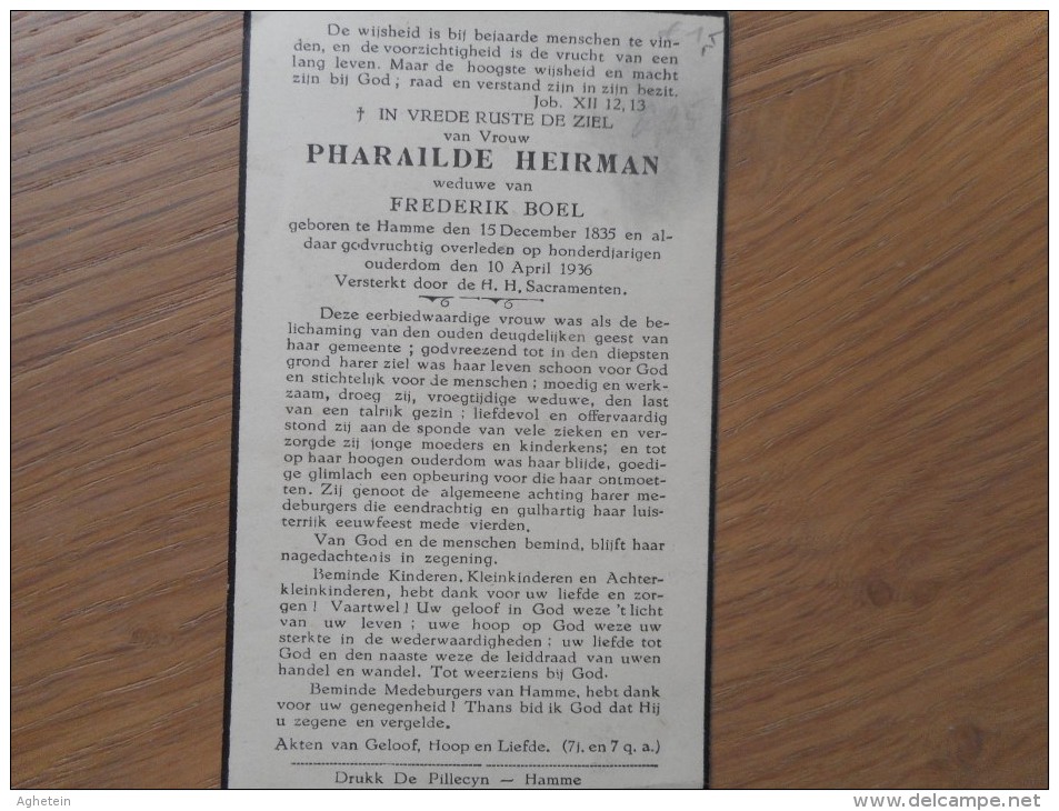 D.P.-100 JARIGE PHARAILDE HEIRMAN °HAMME 15-12-1835+ALDAAR 10-4-1936 - Religion & Esotérisme