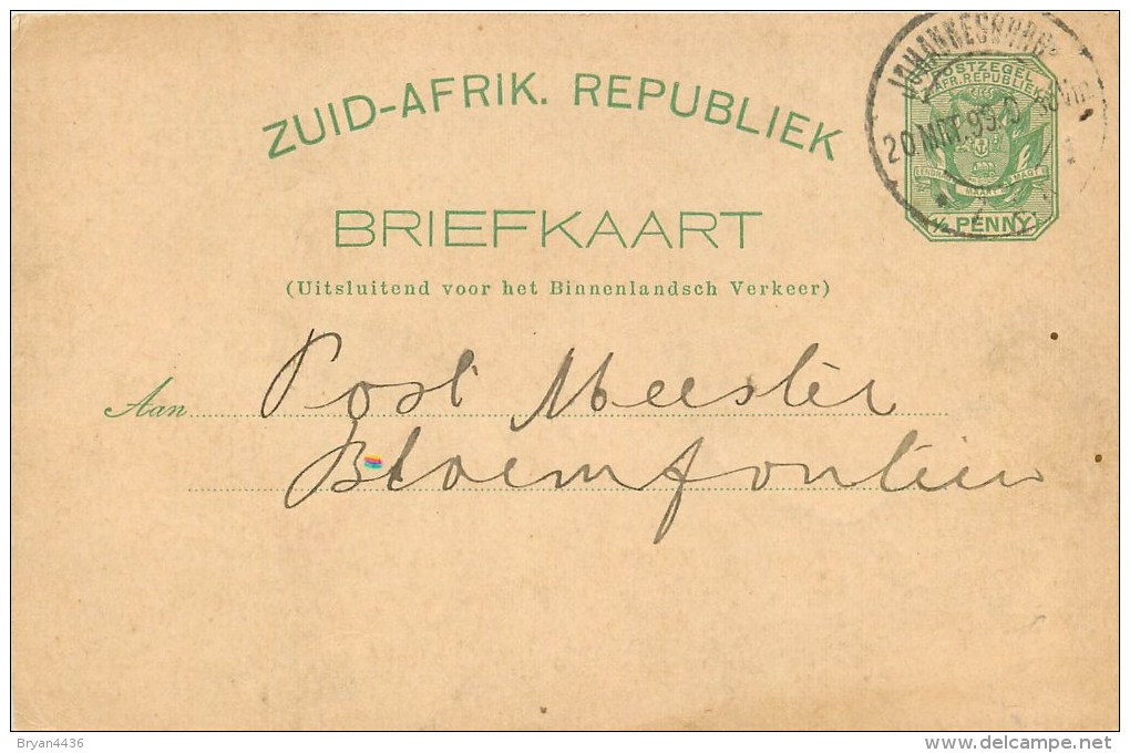 AFRIQUE DU SUD - NOUVELLE REPUBLIQUE - ENTIER POSTAL VOYAGE 1899 - 1/2 PENNY VERT. - Nieuwe Republiek (1886-1887)