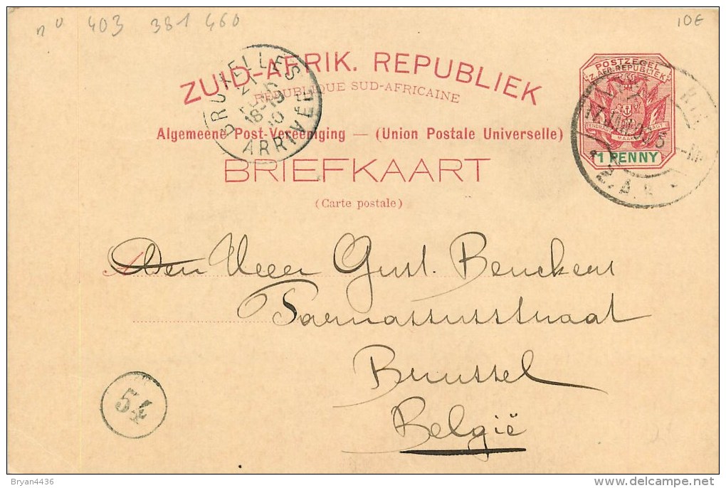 AFRIQUE DU SUD - NOUVELLE REPUBLIQUE - ENTIER POSTAL VOYAGE -1900 - VERS BRUXELLE  - BELGIQUE - 1 PENNY ROUGE. - New Republic (1886-1887)