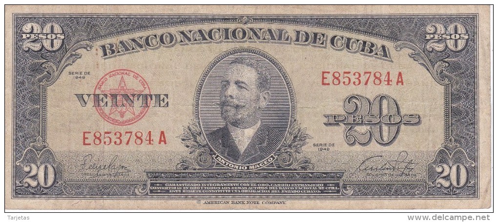 BILLETE DE CUBA DE 20 PESOS  DEL AÑO 1949    (BANKNOTE-BANK NOTE) ANTONIO MACEO - Kuba