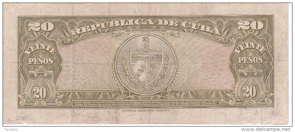 BILLETE DE CUBA DE 20 PESOS  DEL AÑO 1958    (BANKNOTE-BANK NOTE) ANTONIO MACEO - Cuba