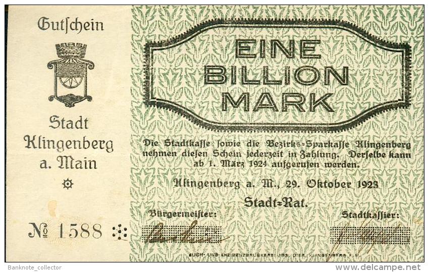 Deutschland, Germany, Stadt Klingenberg A. Main - 1 Billionen Mark, 1923 ! - 1 Billion Mark