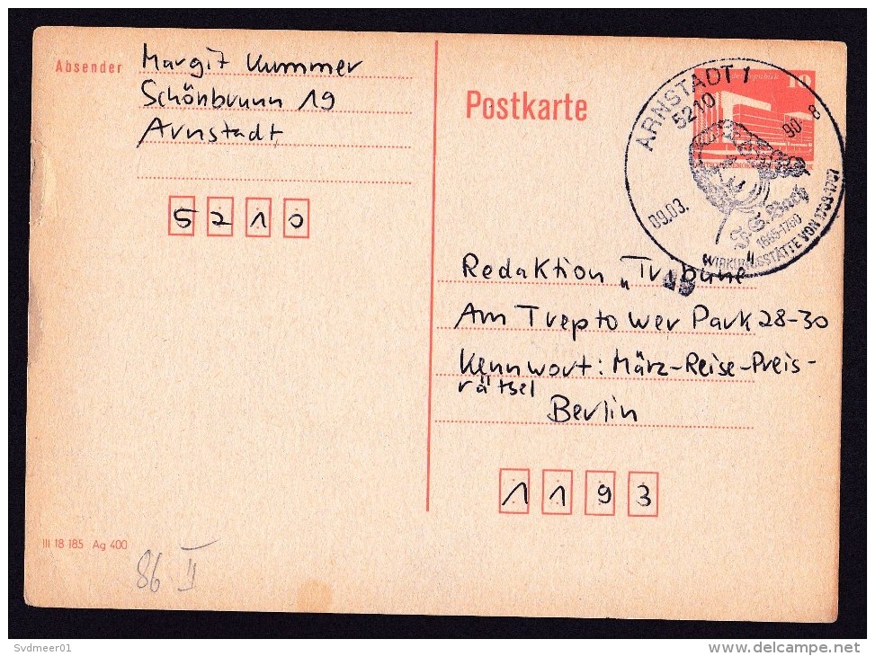 East Germany/GDR/DDR: Stationery Postcard, 1990, Cancel J.S. Bach Lived In Arnstadt, Music Composer (minor Damage) - Brieven En Documenten