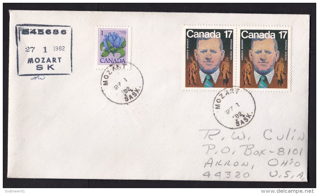 Canada: Registered Cover To USA, 1982, 3 Stamps, From Town Named Mozart, Music Composer, Rare (traces Of Use) - Brieven En Documenten