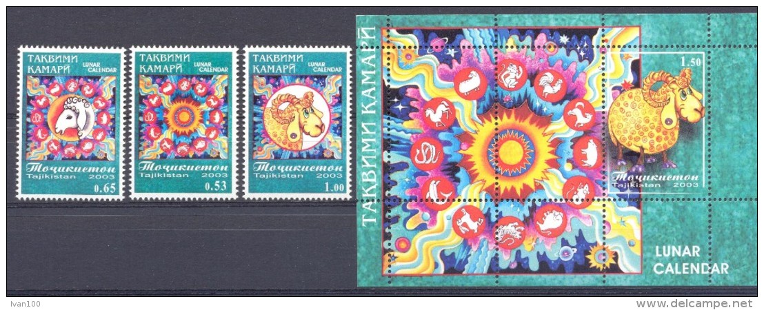 2003. Tajikistan, Lunar Calendar, The Year Of The Sheep, 3v + S/s, Mint/** - Tadschikistan