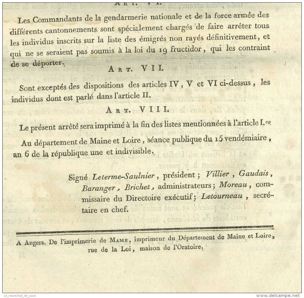 REVOLUTION &ndash; MAINE-ET-LOIRE &ndash; RELEVE général des EMIGRES - 1797 Leterme-Saulnier