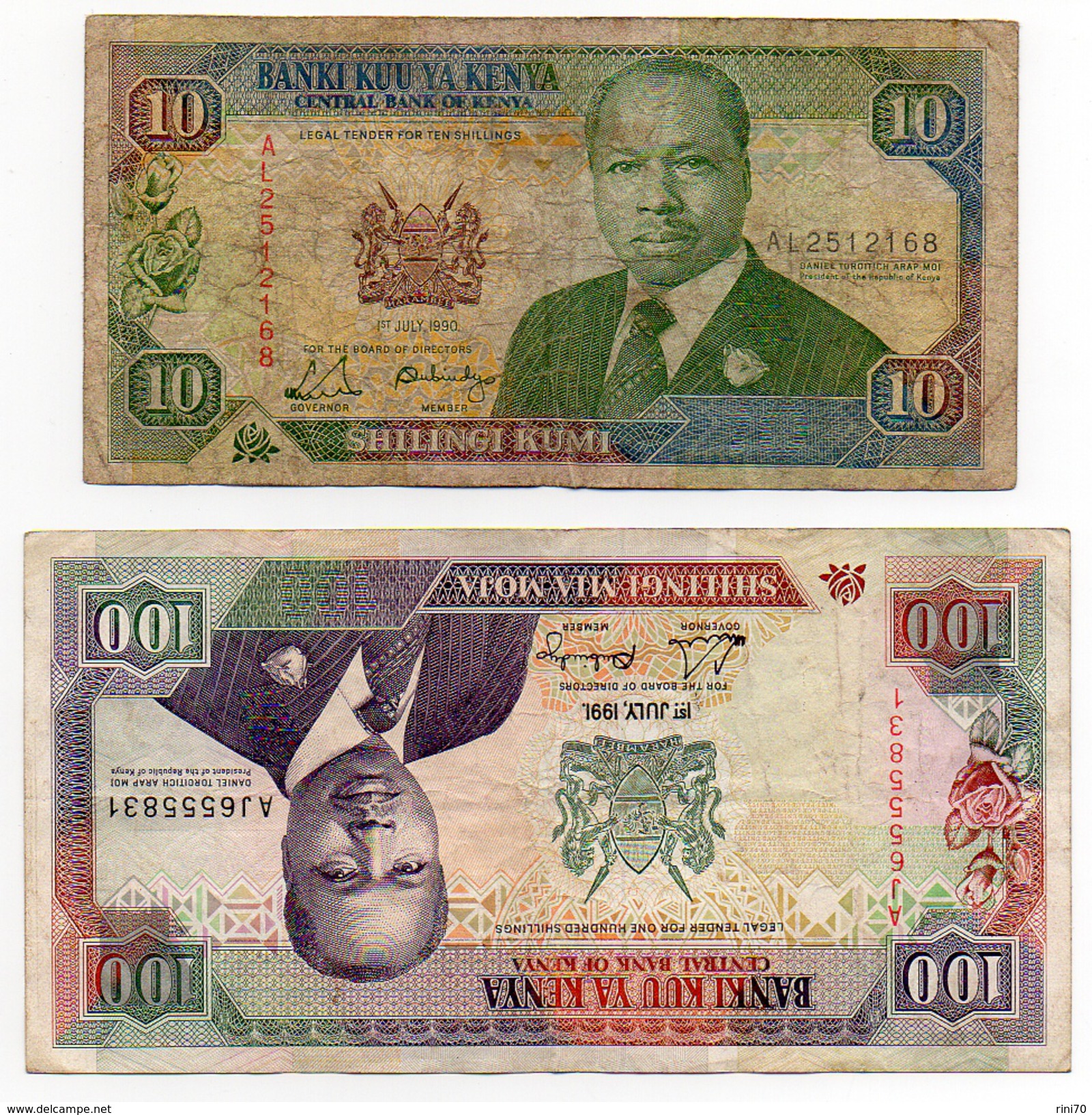 2 Banconote Kenya 100 One Hundred Shilingi Mia Moja Serie AJ 1991 E10 Shilingi Kumi Serie AL 1990 - Kenia