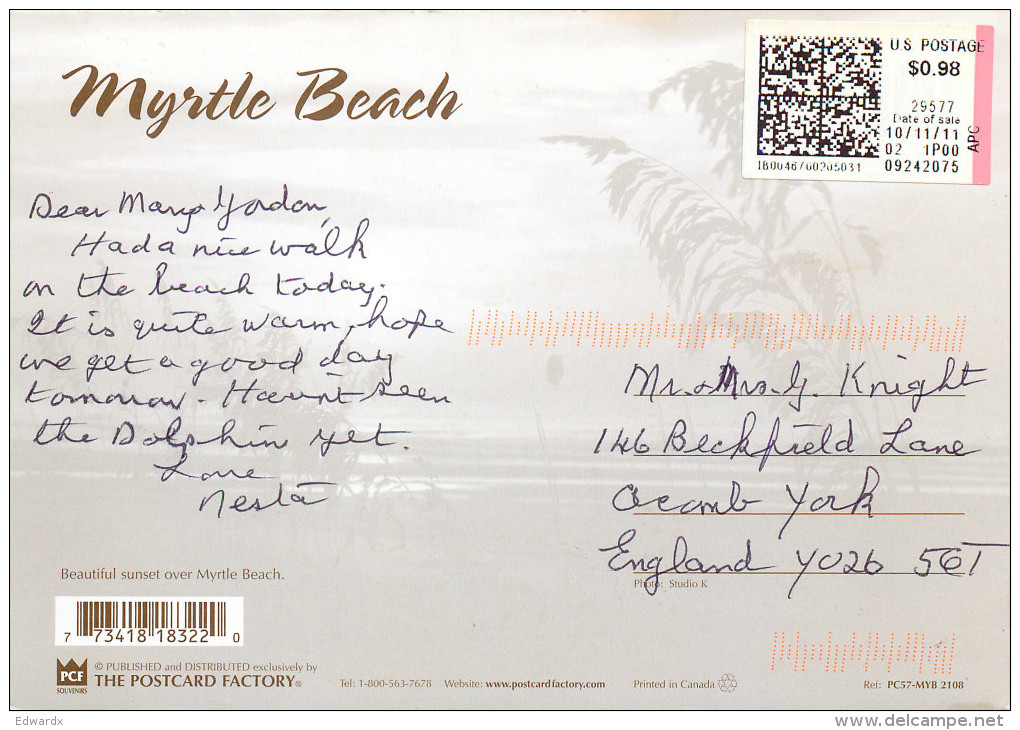 Myrtle Beach, South Carolina, United States US Postcard Posted 2011 ATM Meter - Myrtle Beach