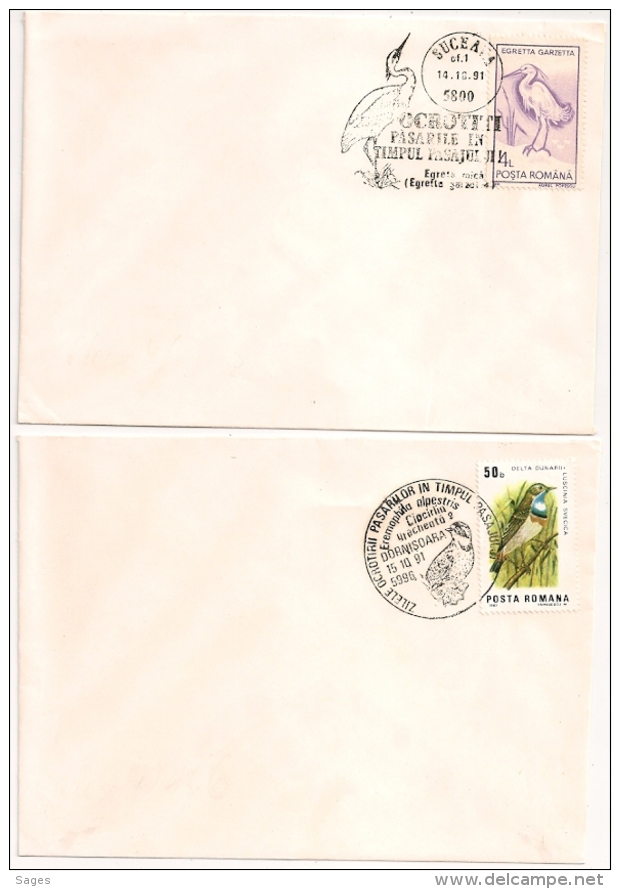2 Enveloppes Oiseaux De Roumanie Romana. Flammes Dont Cigogne. - Mechanical Postmarks (Advertisement)