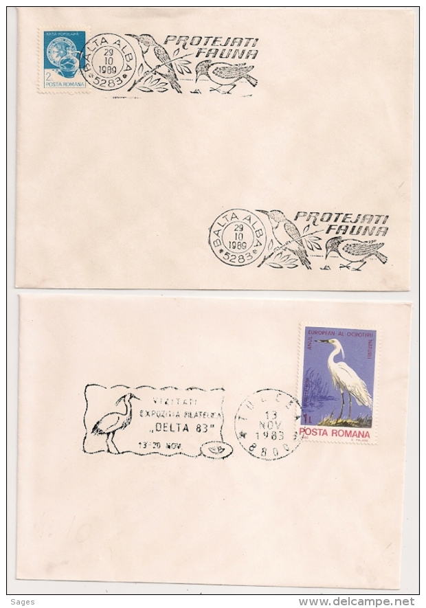 2 Enveloppes Oiseaux De Roumanie Romana. Flammes Dont PROTEJANI FAUNA. - Mechanical Postmarks (Advertisement)