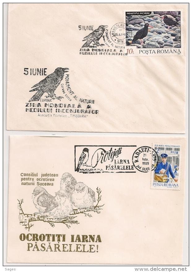 2 Enveloppes Oiseaux De Roumanie Romana. Flammes Et Enveloppes Illustrées. - Afstempelingen & Vlagstempels
