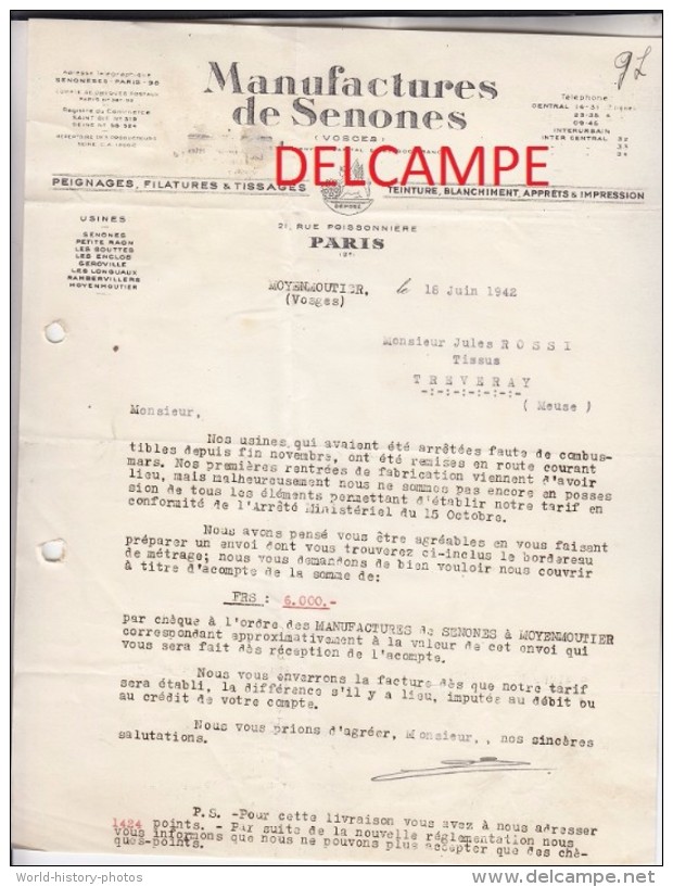 Courrier Ancien -  SENONES (Vosges)  Manufactures De SENONES - Peignages Filatures& Tissage Teinture Blanchiment - Textile & Vestimentaire