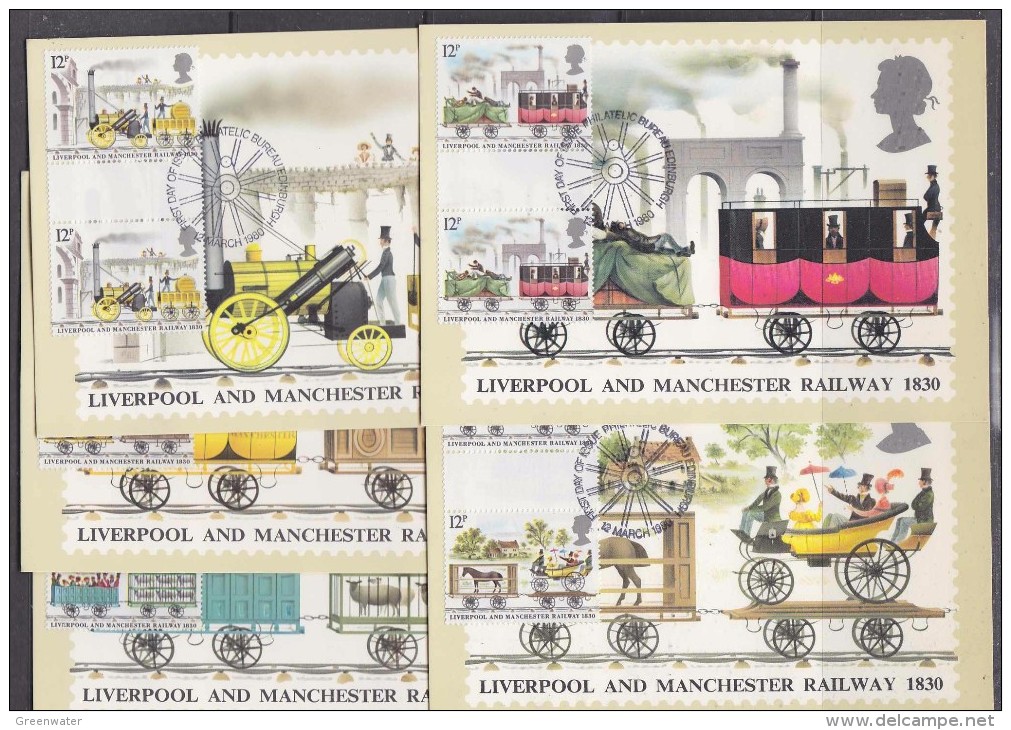 Great Britain 1980 Liverpool And Manchester Railway 1830 5v (in Gutter Pairs) 5 Maxicards (32670) - Maximumkaarten