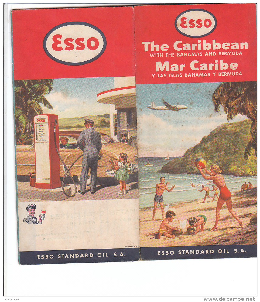 B1796 - CARTINA ROAD MAP ESSO Anni '50 - THE CARIBBEAN - BAHAMAS - ILLUSTRATA POMPA BENZINA - Callejero