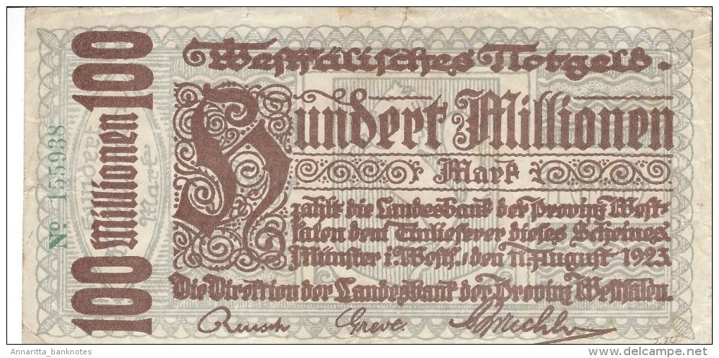 GERMANY  100 MILLION MARK 1923 P-NL XF (MUNSTER) S/N 155938 [ GERNL ] - [11] Local Banknote Issues