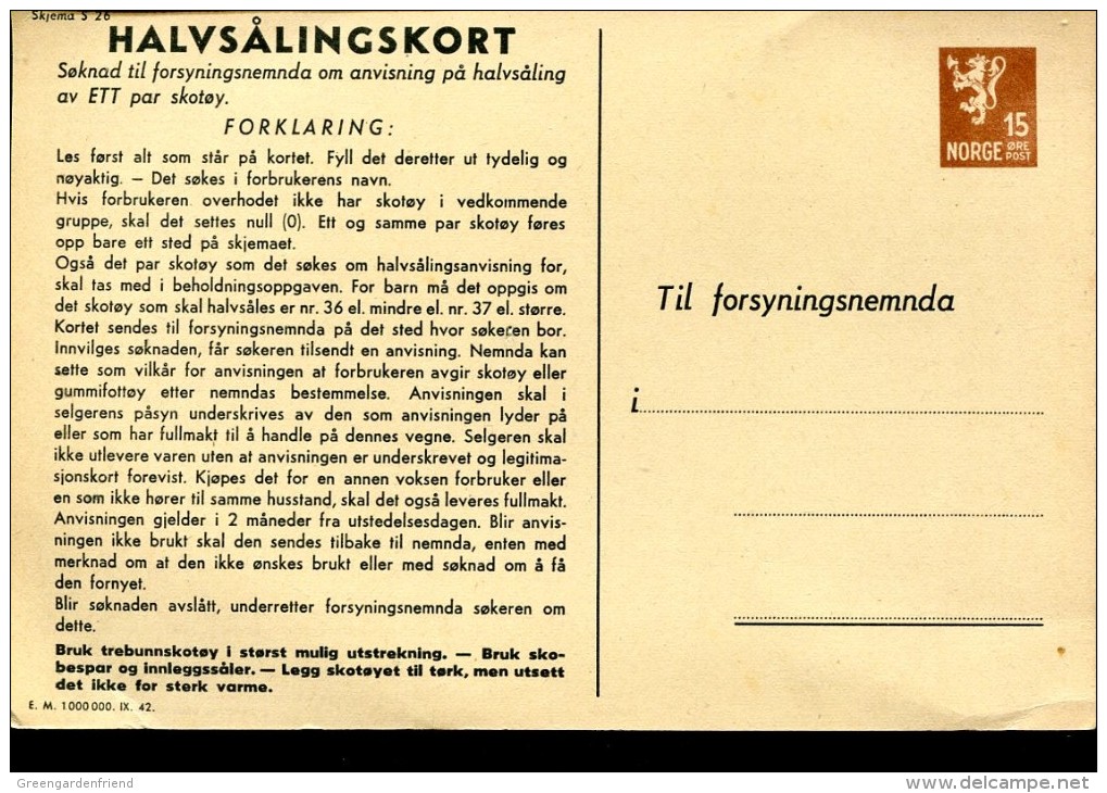 14012 Norwa, Stationery Card 1941, 15  Halvsalingskort - Ganzsachen