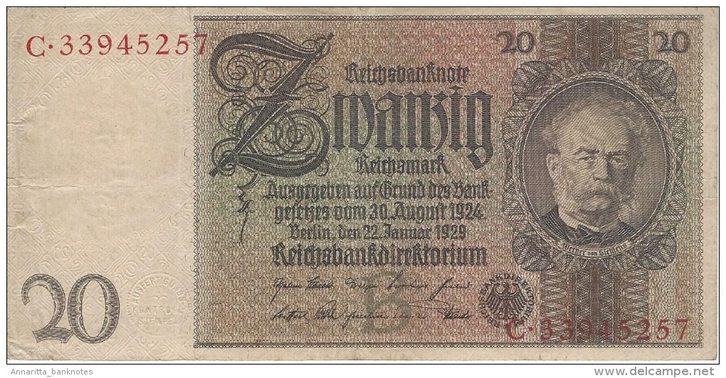 GERMANY 20 REICHSMARK 1929 P-181a VF UNDERPRINT B S/N G.33945257 [ DER181a ] - 20 Mark