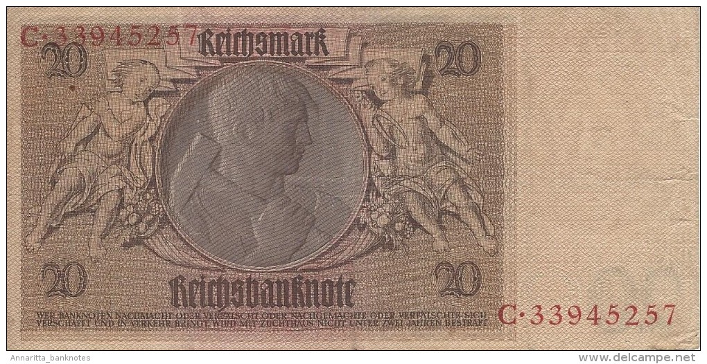 GERMANY 20 REICHSMARK 1929 P-181a VF UNDERPRINT B S/N G.33945257 [ DER181a ] - 20 Mark