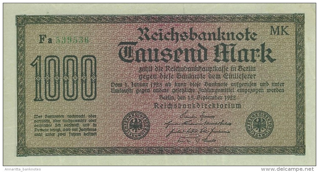 GERMANY 1000 MARK 1922 P-76h AU/UNC PALE GREEN PAPER S/N 539536 [ DER076f ] - 1000 Mark