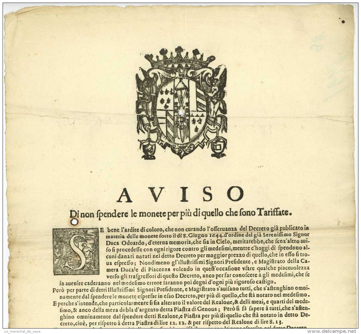 PIACENZA 1648 Aviso Di Non Spendere Le Monete Per Piu Di Quello Che Sono Tarffate - Documenti Storici