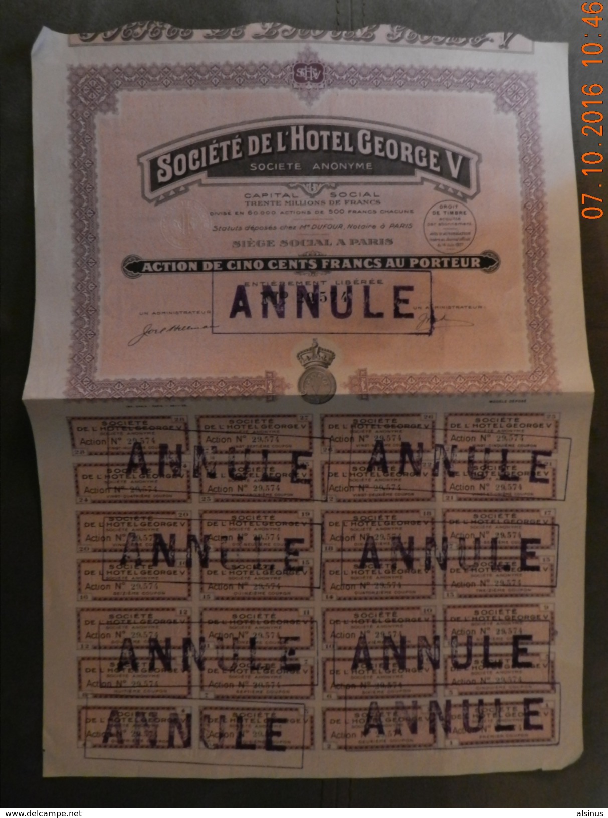 1927 - ACTION DE 500 FRANCS - SOCIETE DE L'HOTEL GEORGE V - ANNULE - Tourisme