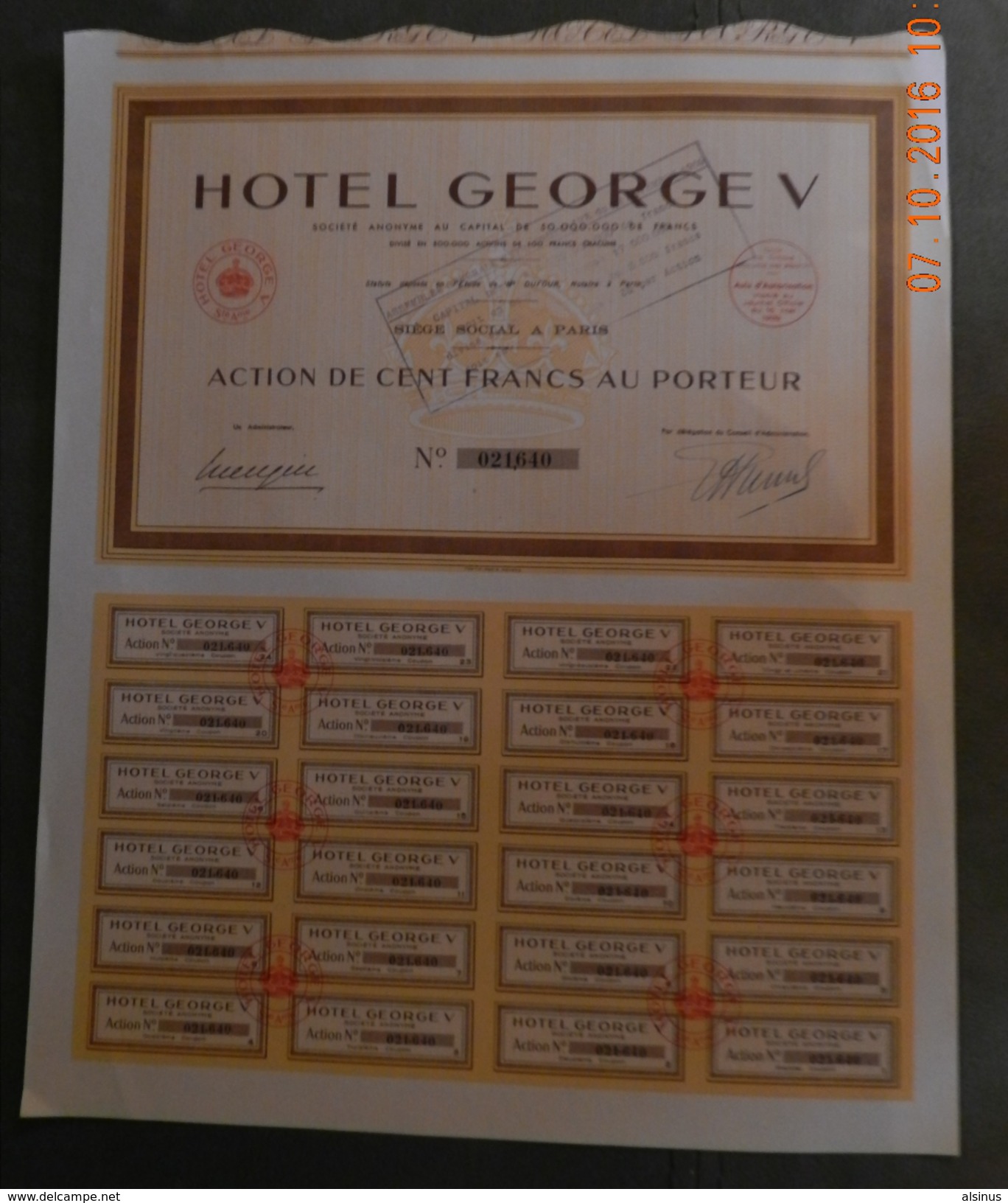 1939 - ACTION DE 100 FRANCS -  HOTEL GEORGE V - Tourisme