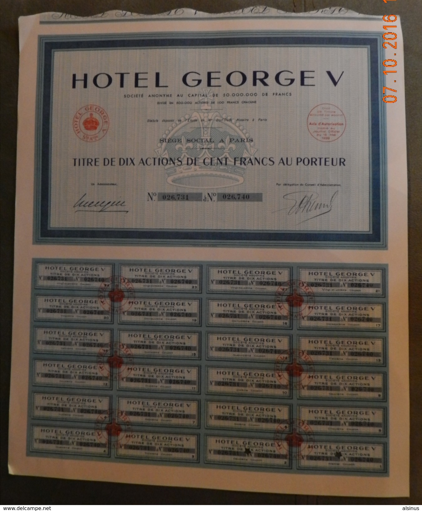 1939 - TITRE DE DIX ACTIONS DE 100 FRANCS -  HOTEL GEORGE V - Tourismus