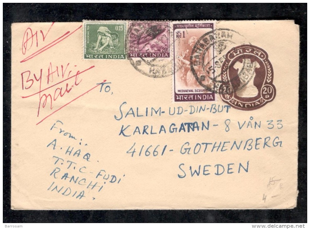 India1973:Postal Stationery With Additional Postage To SWEDEN - Enveloppes