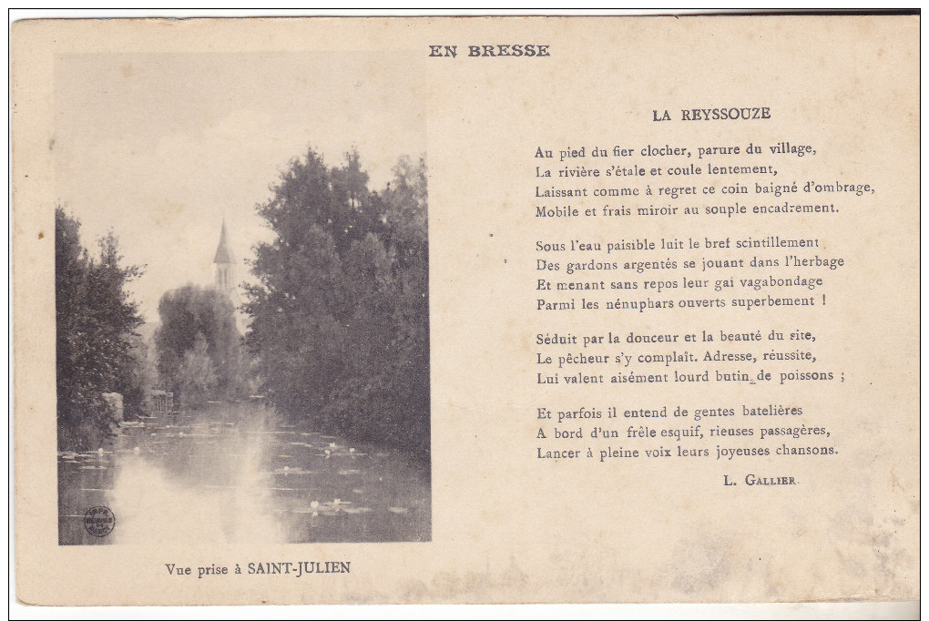 01 En Bresse. La Reyssouze - Vue Prise à St Julien. Poeme De L Gallier. Non Circulée,tb état. - Non Classés