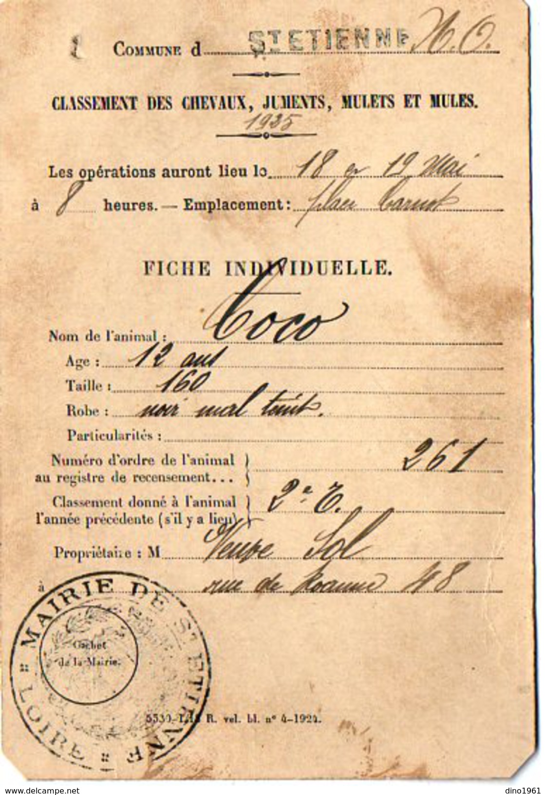 VP5670 - Mairie De SAINT ETIENNE - Carte - Fiche Pour Classement Des Chevaux,Juments,Mulets & Mules - Altri & Non Classificati