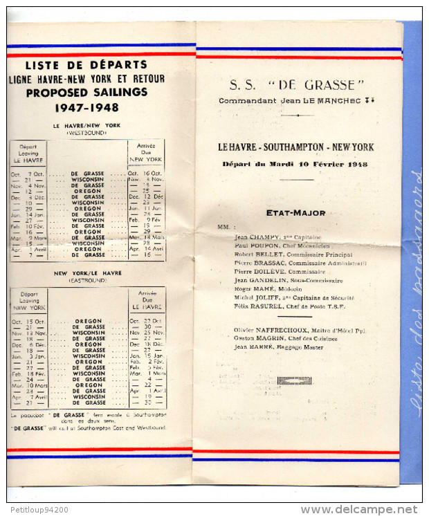 COMPAGNIE GENERALE TRANSATLANTIQUE  Liste Des Passagers  S.S "DE GRASSE"  Ligne  LE HAVRE-NEW YORK Et Retour 1947-1948 - Other & Unclassified