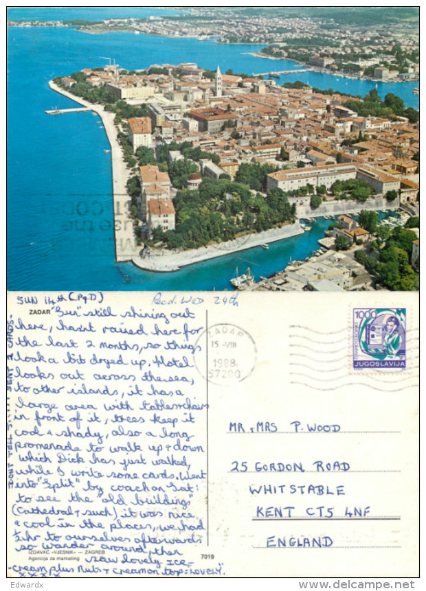 Aerial View, Zadar, Croatia Postcard Posted 1988 Stamp - Croatie