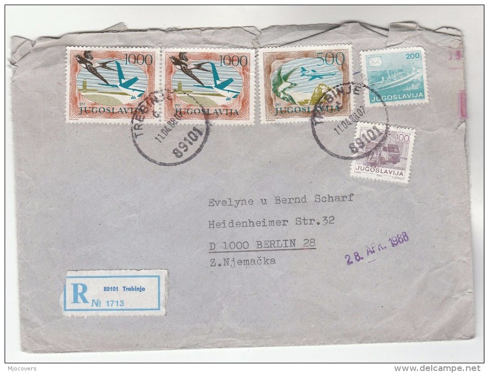 1988 REGISTERED Trebinje YUGOSKLAVIA COVER  Stamps SWALLOW BIRD, AIRCRAFT OVER MOUNTAIN, SHIP  Birds Aviation - Covers & Documents