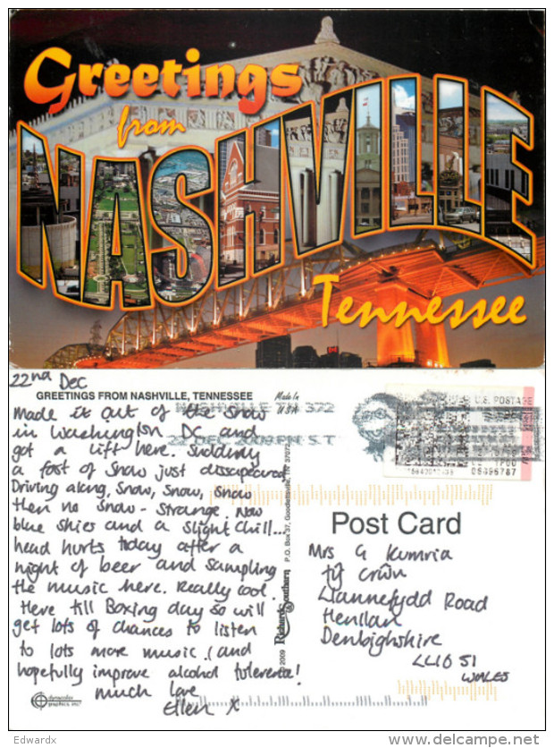 Greetings From, Nashville, Tennessee, United States US Postcard Posted 2009 ATM Meter - Nashville