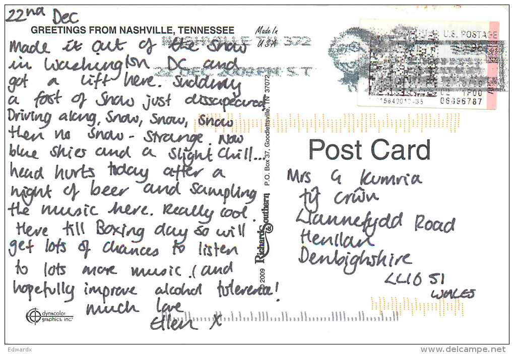 Greetings From, Nashville, Tennessee, United States US Postcard Posted 2009 ATM Meter - Nashville