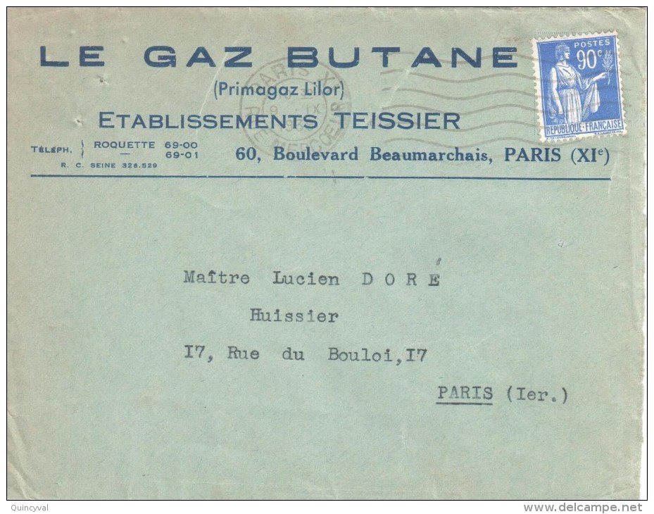 3593 PARIS XI Rue MercoeurLettre Entête GAZ BUTANE Primagaz Ets TEISSIER Paix 90 C Bleu Yv 368 Ob Mevca Flier  9 9 1939 - Lettres & Documents