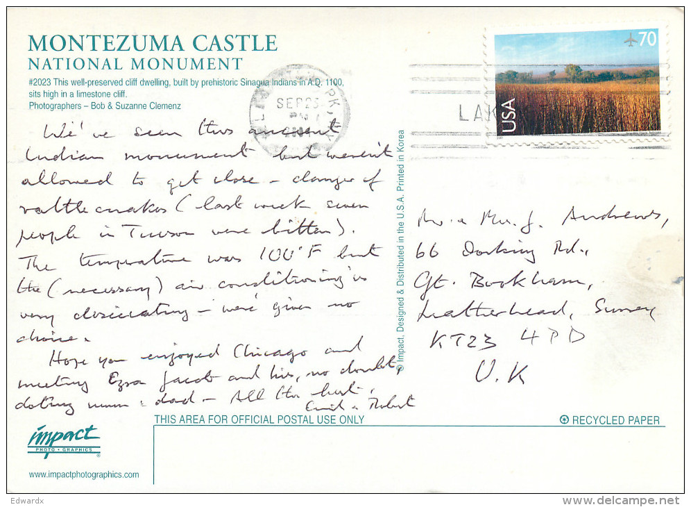 Montezuma Castle National Monument, Arizona, United States US Postcard Posted 2001 Stamp - Autres & Non Classés
