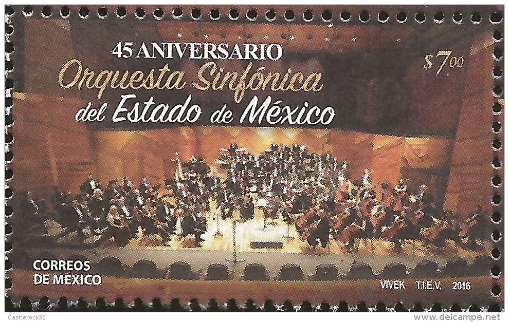 RG)2016 MEXICO, VIOLINS-CELLO-MICROPHONE-BATON-MUSIC SHEETS, STATE OF MEXICO'S SYMPHONIC ORCHESTRA 45TH ANNIV., MNH - Mexico