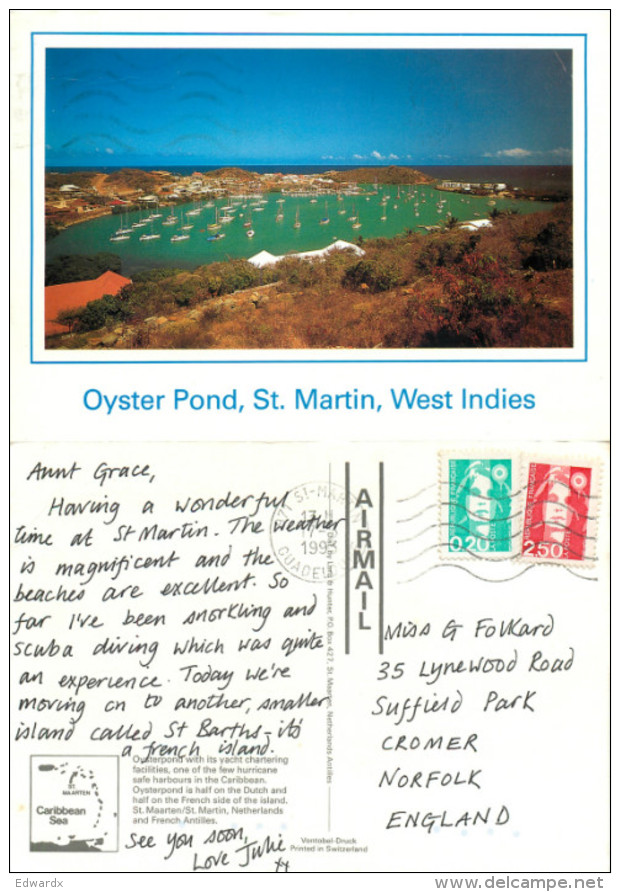 Oyster Pond, St Maarten, Netherlands Antilles Postcard Posted 1993 Stamp - Saint-Martin