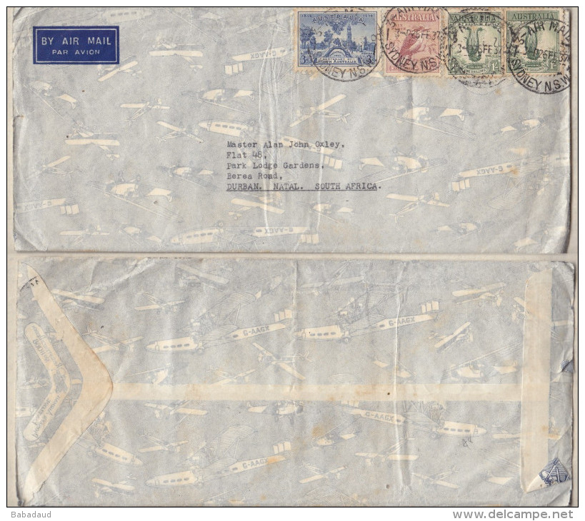 Australia 2s9d Cover SYDNEY AIR MAIL > S.Africa + Letter, LyreBird 1/=, 6d Kookaburra, 3d S.Australia Cent - Covers & Documents