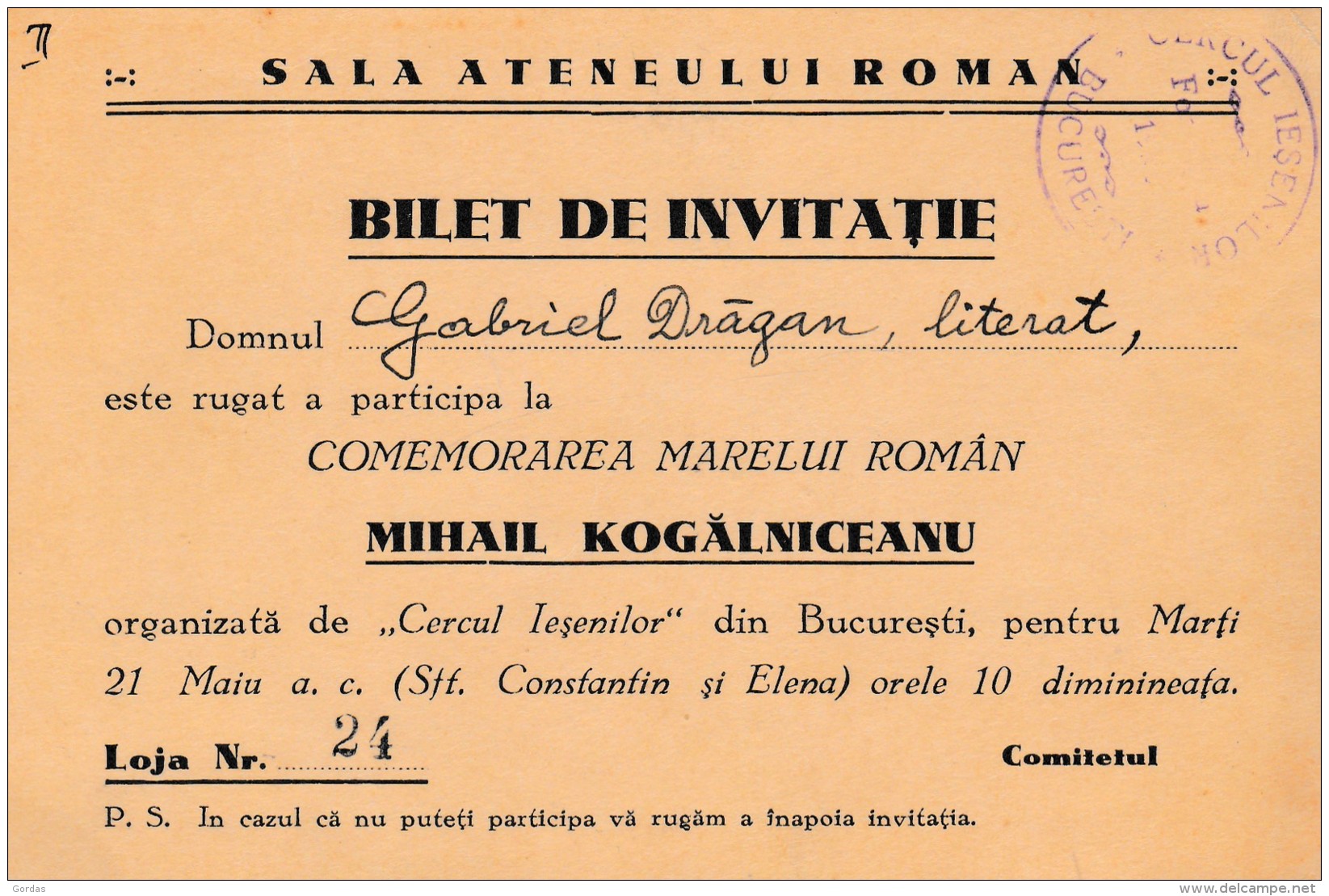 Romania - Bucuresti - Cercul Iesenilor - Comemorare Mihail Kogalniceanu - Invitatie - Other & Unclassified