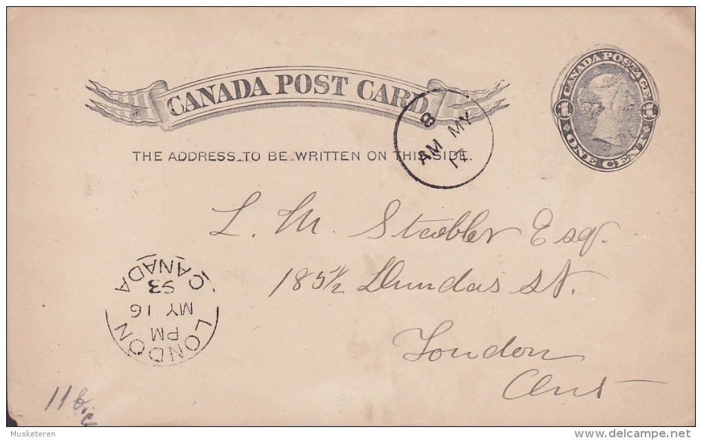 Canada Postal Stationery Ganzsache Entier 1c. Victoria WOODSTOCK 1893 LONDON Ontario (2 Scans) - 1860-1899 Regering Van Victoria