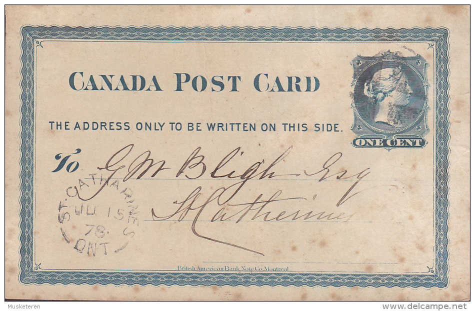 Canada Postal Stationery Ganzsache Entier 1c. Victoria "Killer" Cancel ST. CATHRINE´s 1878 (2 Scans) - 1860-1899 Règne De Victoria