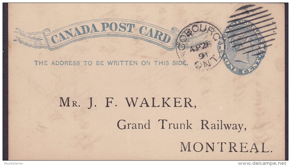 Canada Postal Stationery Ganzsache Entier 1c. Victoria PRIVATE Print GRAND TRUNK RAILWAY, COBOURG 1891 MONTREAL (2 Scans - 1860-1899 Règne De Victoria