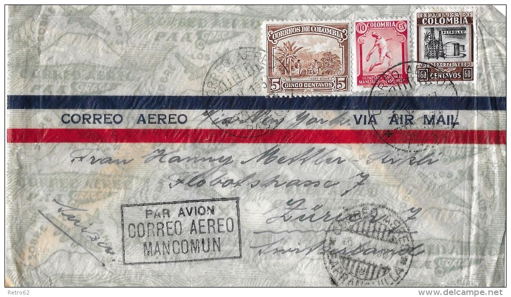 COLUMBIA - ZÜRICH &#8594; Flugpost / Vai Air Mail Mancomun 1937 - Colombie