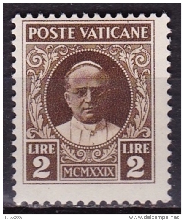 VATICAN CITY 1929 Pope Pius XI 2 Lire Sepia MH Mi. 10 - Ongebruikt