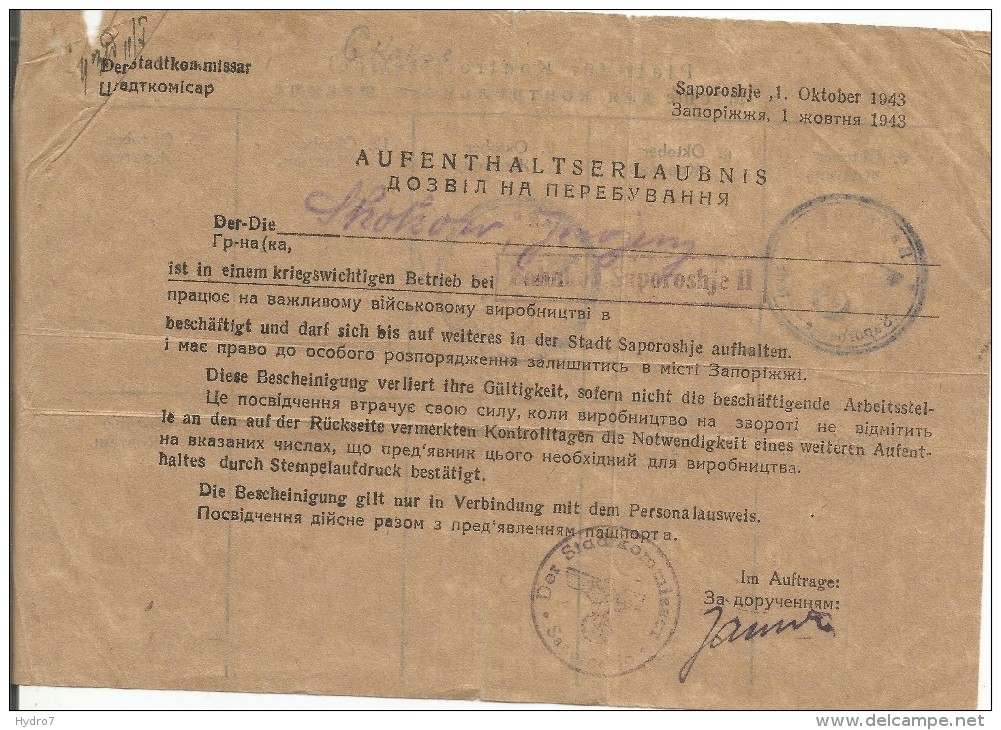 Nazi Germany-Ukraine 1943 Ausweis Saporoshje Bilingual Permit To Stay For Worker From Military Plant Aufenthatserlaunis - 1939-45