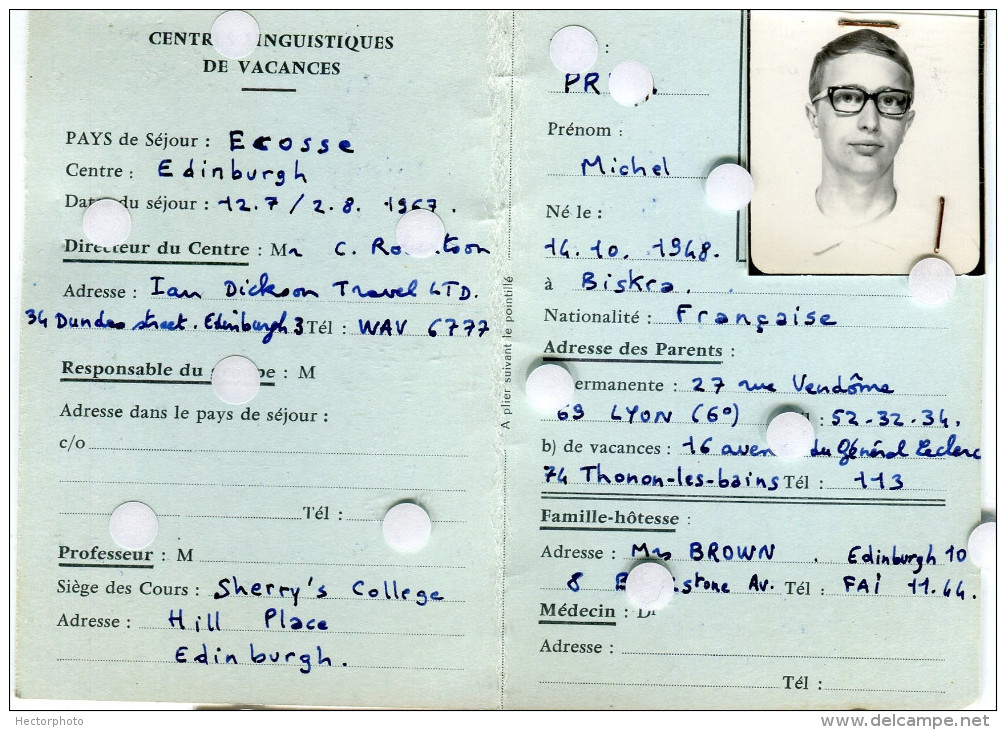 Carte Identité Centre Linguistique De Vacances 1967 Echanges Culturels Paris Rue Auber Ecosse - Altri & Non Classificati