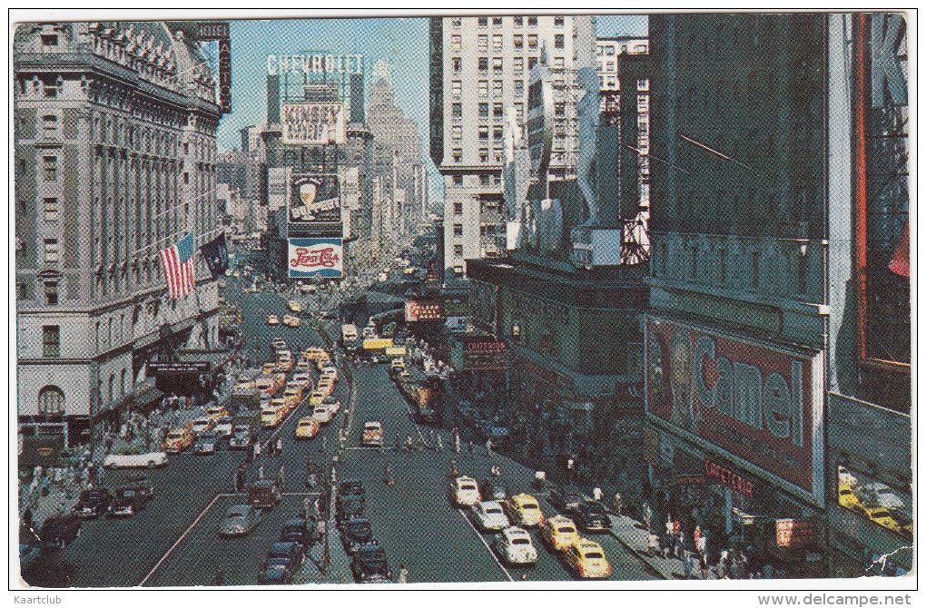 Times Square: OLDTIMER CARS, YELLOW CAB´S/TAXI´S - 'CAMEL','CHEVROLET' & 'PEPSI-COLA' Neon, Hotel Astor - Transportes